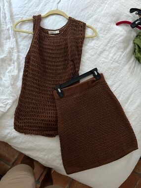 acacia swimwear Chocolate Brown Crochet Mini Skirt set
